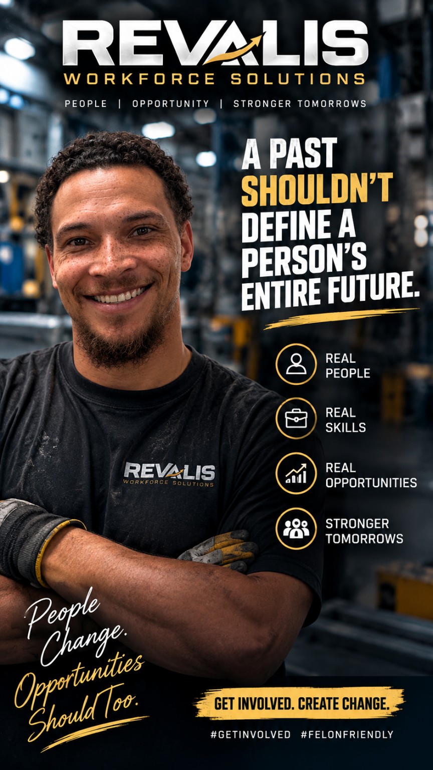 Revalis workforce campaign featuring a worker and the message that a past should not define a person's future.